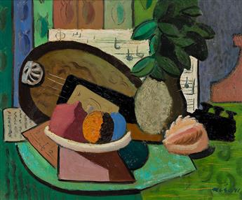 ISAAC LANE MUSE Cubist Still Life Composition with Shell, Fruit and Mandolin.